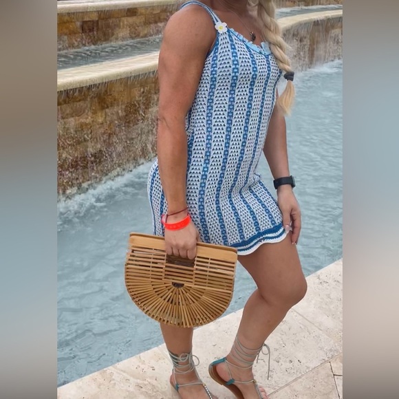 Blue and White crochet Patterned Swim Coverup - Picture 2 of 11